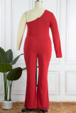 Rose Red Sexy Solid Patchwork Hot Drill Oblique Collar Plus Size Jumpsuits
