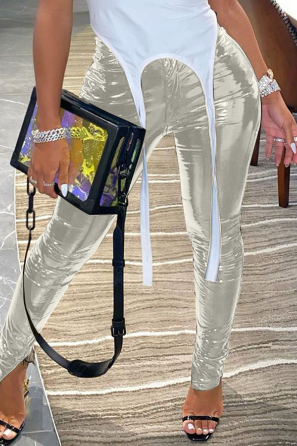 Silver Sexy Street Solid Patchwork High Waist Pencil Solid Color Bottoms