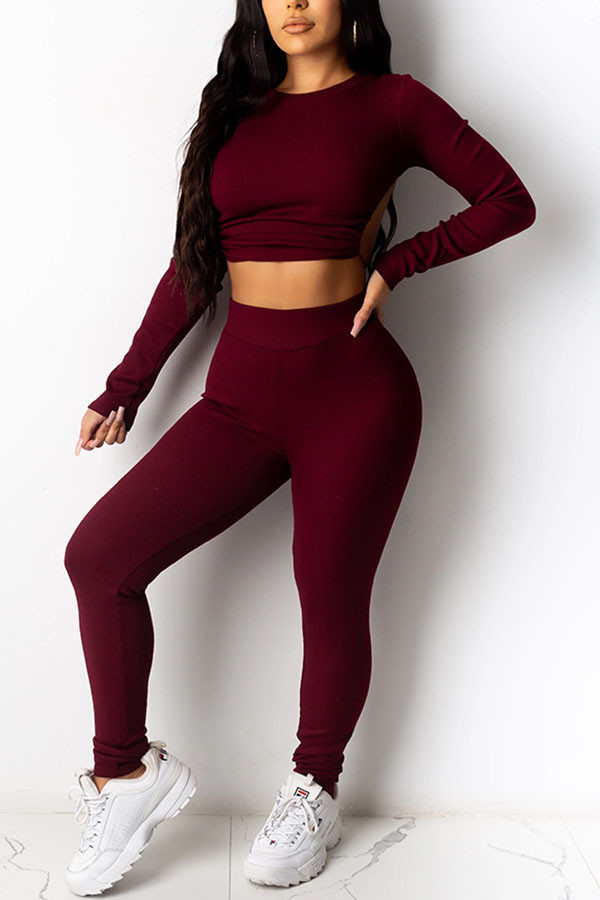 Wine Red Sexy Casual Blends Pit Article Fabrics Solid Pierced Bandage Hollowed Out Backless O Neck Long Sleeve Regular Sleeve Short Two Pieces