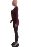 Burgundy Fashion Casual Print Basic O Neck Long Sleeve Two Pieces
