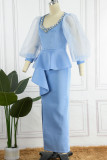 Sky Blue Elegant Solid Patchwork Flounce Slit Beading V Neck Evening Dress Dresses
