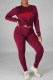Burgundy Casual Print Letter O Neck Long Sleeve Two Pieces