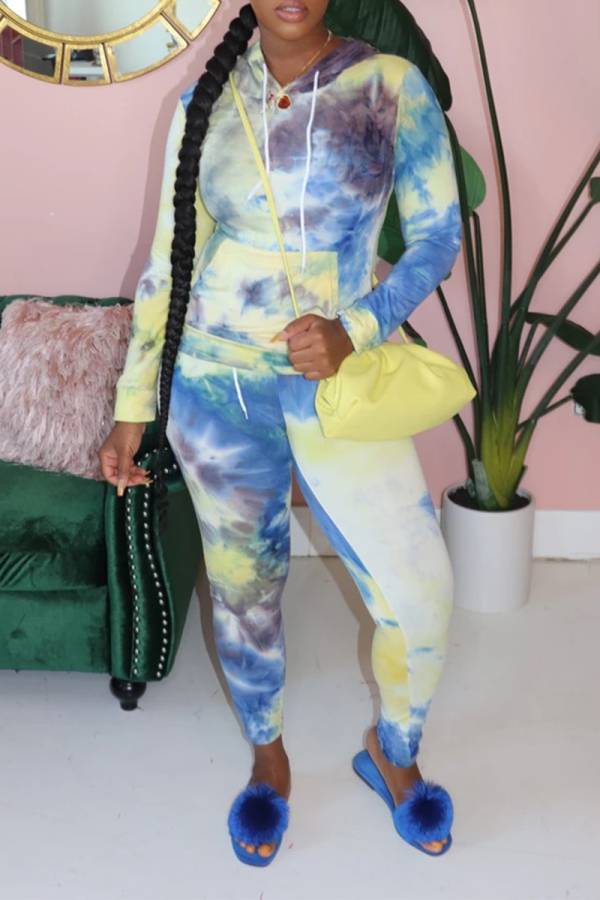 Yellow Casual Patchwork Tie-dye Hooded Collar Long Sleeve Two Pieces