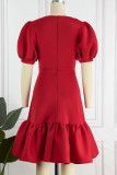Red Casual Solid Patchwork V Neck A Line Dresses