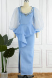 Sky Blue Elegant Solid Patchwork Flounce Slit Beading V Neck Evening Dress Dresses