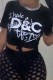 Black Casual Print Letter O Neck T-Shirts