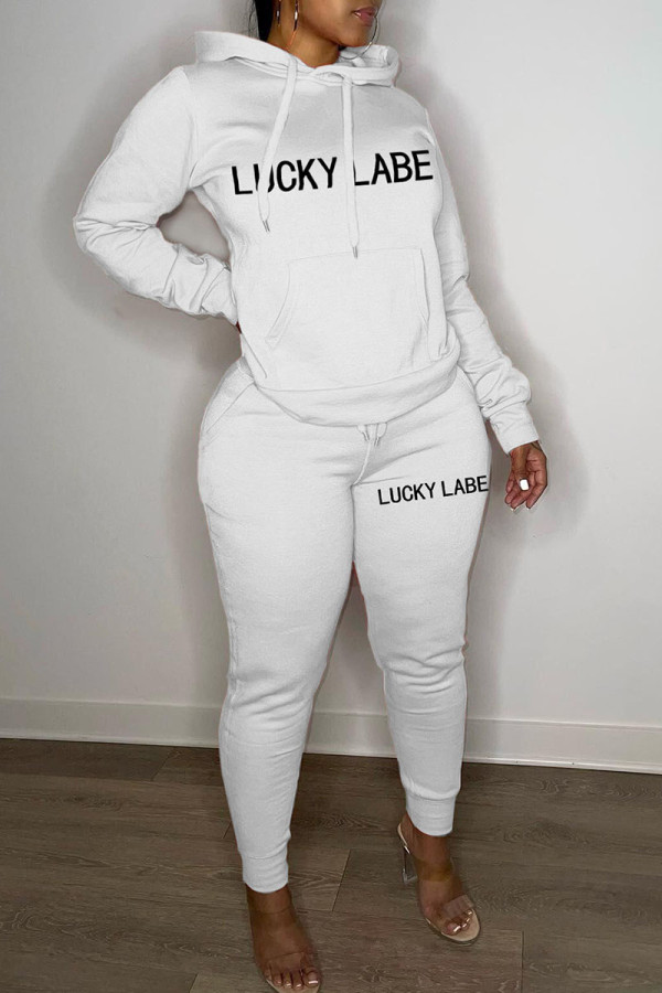 White Casual Print Patchwork Hooded Collar Long Sleeve Two Pieces