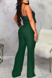 Green Sexy Solid Sequins Patchwork Spaghetti Strap Straight Jumpsuits