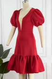 Red Casual Solid Patchwork V Neck A Line Dresses