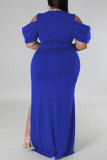 Blue Sexy Solid Patchwork Slit Fold V Neck Straight Plus Size Dresses