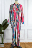 Pink Street Print Patchwork Turndown Collar Long Sleeve Two Pieces