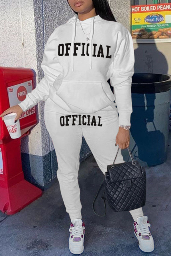 White Casual Street Print Patchwork Hooded Collar Long Sleeve Two Pieces