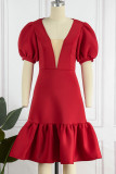 Red Casual Solid Patchwork V Neck A Line Dresses