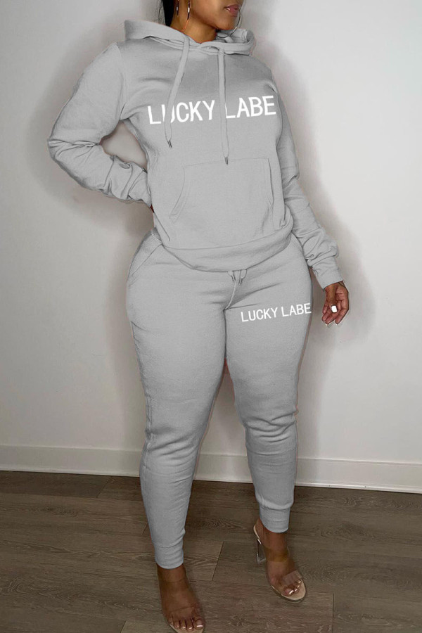 Grey Casual Print Patchwork Hooded Collar Long Sleeve Two Pieces