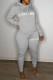 Grey Casual Print Patchwork Hooded Collar Long Sleeve Two Pieces