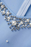 Sky Blue Elegant Solid Patchwork Flounce Slit Beading V Neck Evening Dress Dresses