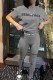 Grey Sexy Print Letter O Neck Short Sleeve Two Pieces