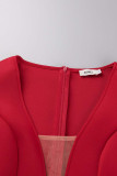 Red Casual Solid Patchwork V Neck A Line Dresses