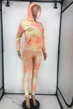 Rose Red Casual Patchwork Tie-dye Hooded Collar Long Sleeve Two Pieces