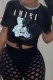Black Casual Character Print Letter O Neck T-Shirts