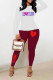 Burgundy Casual Print O Neck Long Sleeve Two Pieces