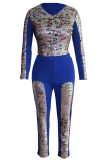 Blue Sexy Patchwork Sequins V Neck Long Sleeve Two Pieces