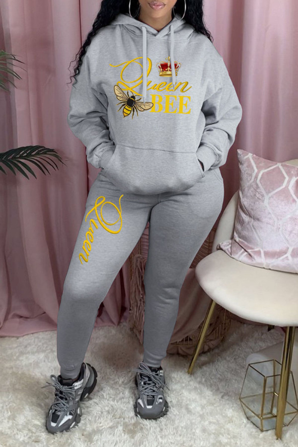 Grey Casual Print Patchwork Hooded Collar Long Sleeve Two Pieces