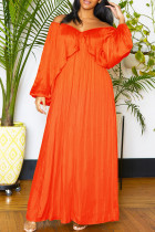 Tangerine Red Casual Solid Patchwork Fold V Neck Long Dress Dresses