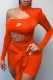 Orange Sexy Print Hollowed Out O Neck One Step Skirt Dresses