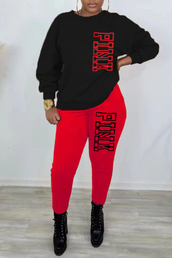 Red Casual Print Patchwork O Neck Long Sleeve Two Pieces