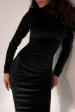 Black Sexy Solid Patchwork Half A Turtleneck One Step Skirt Dresses