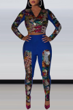 Blue Sexy Patchwork Sequins V Neck Long Sleeve Two Pieces