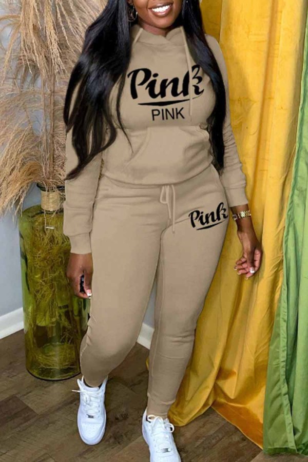 Khaki Casual Print Letter Hooded Collar Long Sleeve Two Pieces