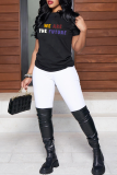 Black Casual Simplicity Print Letter O Neck T-Shirts