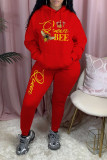 Red Casual Print Patchwork Hooded Collar Long Sleeve Two Pieces