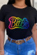 Black Street Print Patchwork O Neck T-Shirts