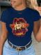 Navy Blue Street Print Patchwork O Neck T-Shirts