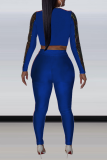 Blue Sexy Patchwork Sequins V Neck Long Sleeve Two Pieces