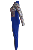 Blue Sexy Patchwork Sequins V Neck Long Sleeve Two Pieces