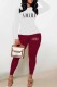 Burgundy Casual Print Letter O Neck Long Sleeve Two Pieces