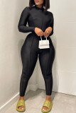 Black Casual Solid Patchwork O Neck Skinny Jumpsuits