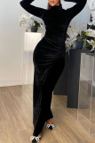 Black Sexy Solid Patchwork Half A Turtleneck One Step Skirt Dresses