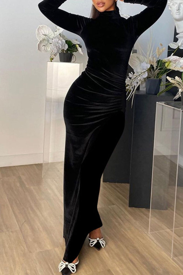 Black Sexy Solid Patchwork Half A Turtleneck One Step Skirt Dresses