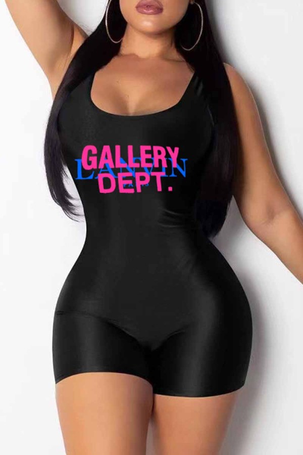 Black Casual Print Letter U Neck Rompers