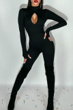 Black Sexy Solid Hollowed Out Patchwork Half A Turtleneck Skinny Jumpsuits