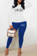 Blue Casual Print Letter O Neck Long Sleeve Two Pieces