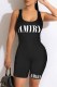 Black Casual Print Letter U Neck Rompers