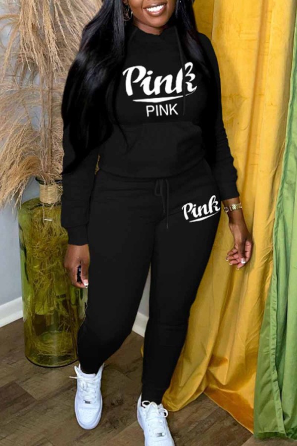 Black Casual Print Letter Hooded Collar Long Sleeve Two Pieces
