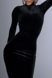 Black Sexy Solid Patchwork Half A Turtleneck One Step Skirt Dresses