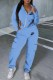 Sky Blue Casual Print Asymmetrical Hooded Collar Long Sleeve Two Pieces